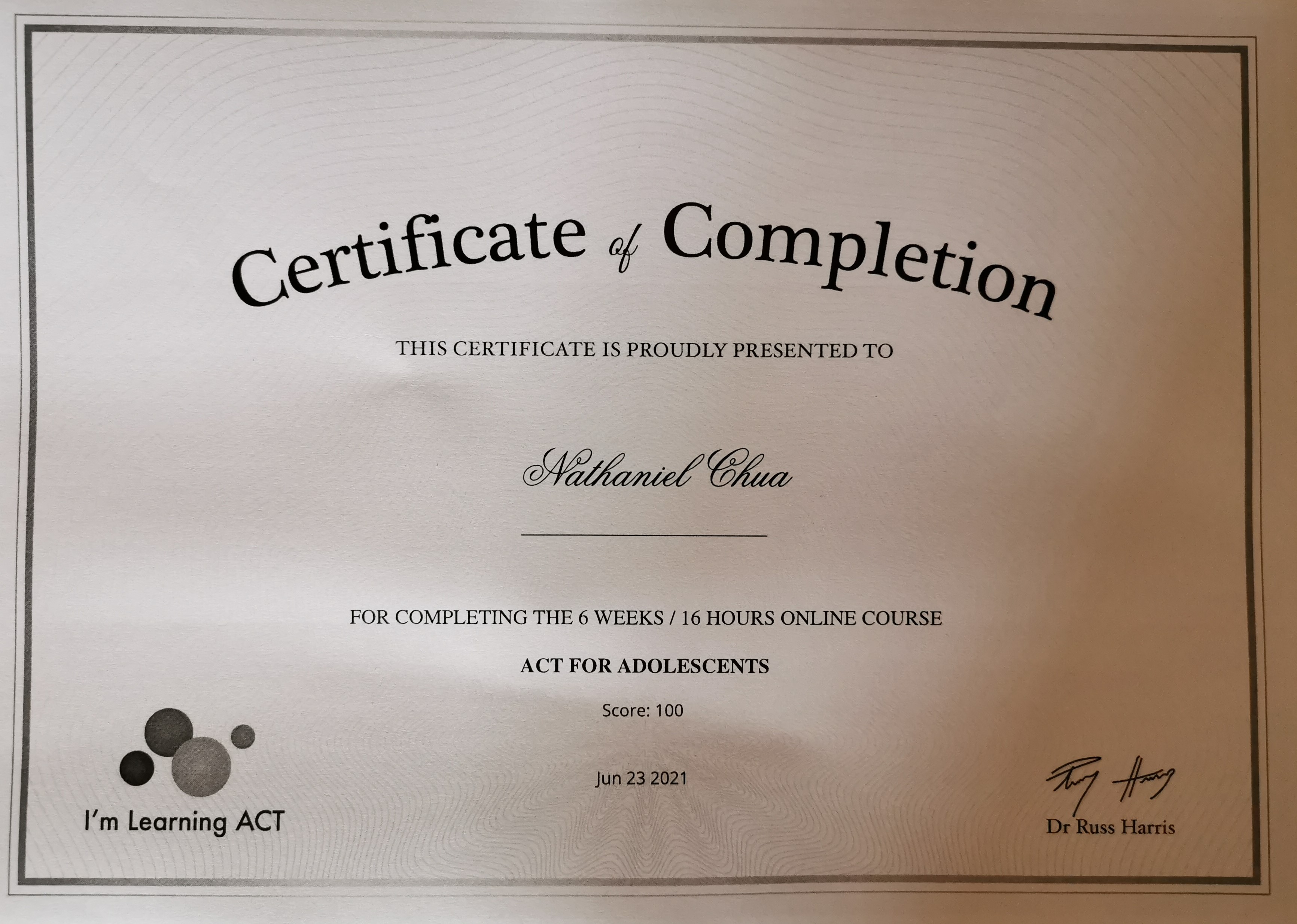 ACT for Adolescents Certificate of Completion